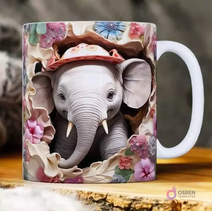 Plantilla 3D de elefante bebé con sombrero de lunares rosa y flores coloridas para taza de sublimación.