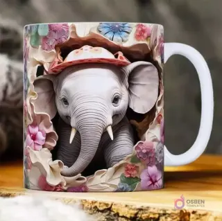 Plantilla 3D de elefante bebé con sombrero de lunares rosa y flores coloridas para taza de sublimación.