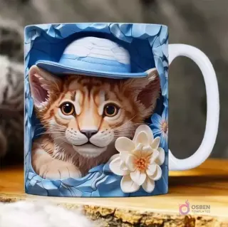 Plantilla 3D de cachorro de león con gorro azul y flores blancas para taza de sublimación.