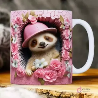 Plantilla 3D de perezoso con gorro rosa y flores rosas para taza de sublimación.