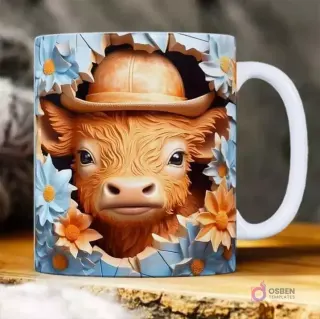Plantilla 3D de becerro con sombrero naranja y flores azules y naranjas para taza de sublimación.