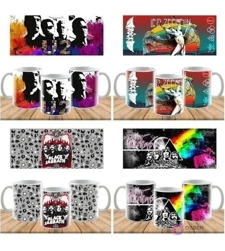 Cuatro pares de plantillas de sublimación para tazas de bandas de rock. Incluye diseños de Led Zeppelin con el dirigible, Black Sabbath con su logo icónico y patrón gótico, y Pink Floyd con el prisma de 'Dark Side of the Moon' y un diseño abstracto.