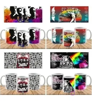 Cuatro pares de plantillas de sublimación para tazas de bandas de rock. Incluye diseños de Led Zeppelin con el dirigible, Black Sabbath con su logo icónico y patrón gótico, y Pink Floyd con el prisma de 'Dark Side of the Moon' y un diseño abstracto.