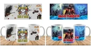 Dos pares de plantillas de sublimación para tazas. Muestra diseños de Guns N' Roses con una calavera, rosas y elementos rockeros, y Iron Maiden con su mascota Eddie en un estilo fantasioso sobre fondos de paisaje.