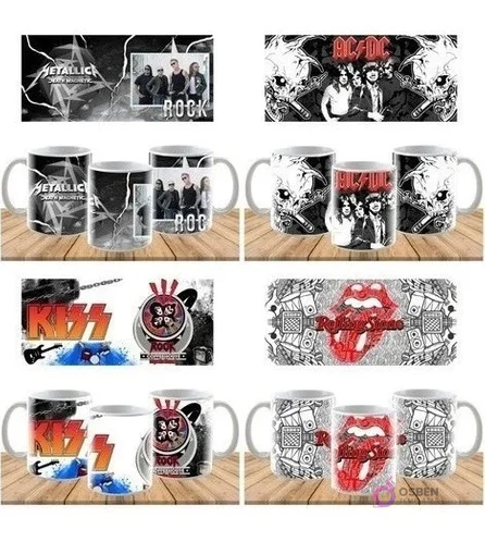 Cuatro pares de plantillas de sublimación para tazas de rock. Incluye diseños de Metallica, AC/DC con rayos y calaveras, KISS con los miembros maquillados, y The Rolling Stones con el famoso logo de la lengua roja.