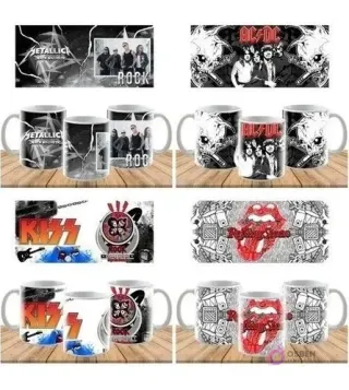 Cuatro pares de plantillas de sublimación para tazas de rock. Incluye diseños de Metallica, AC/DC con rayos y calaveras, KISS con los miembros maquillados, y The Rolling Stones con el famoso logo de la lengua roja.