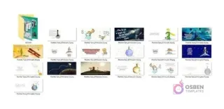 Mosaico de 20 miniaturas de diferentes diseños de tazas de El Principito con varias escenas, personajes y citas inspiradoras, incluyendo un mockup de sublimación.