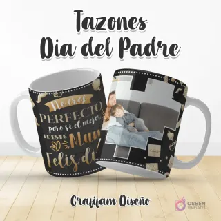 Plantilla para taza Día del Padre con diseño 'No eres PERFECTO pero si el mejor de este Mundo' en letras doradas y espacio para foto de padre e hijo en sofá.