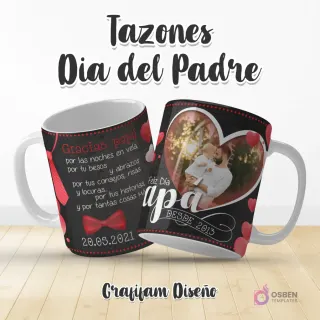 Plantilla de taza Día del Padre con texto 'Gracias papá por las noches en vela...' y diseño de corazón con foto de padre e hijo y la inscripción 'Papa desde 2013'.