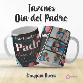 Plantilla de taza Día del Padre con frase 'Este hombre es un gran Padre' y diseño de tira de película con múltiples fotos de padre e hijo, bigotes y corbatas.