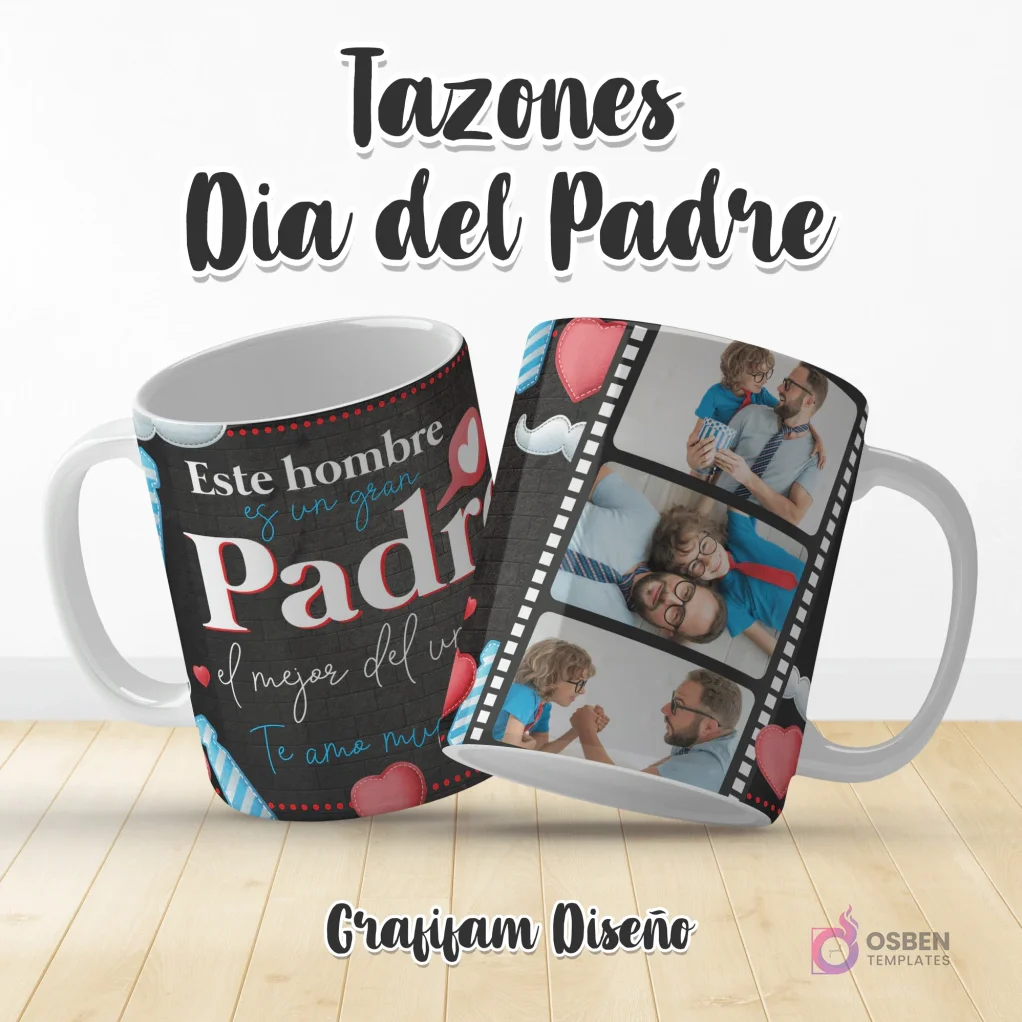 Plantilla de taza Día del Padre con frase 'Este hombre es un gran Padre' y diseño de tira de película con múltiples fotos de padre e hijo, bigotes y corbatas.