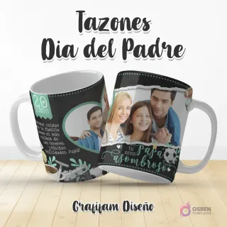 Plantilla de taza Día del Padre con fecha '20 JUNIO' y texto 'tu eres Papá asombroso' sobre fondo oscuro con efecto de papel rasgado y foto familiar.