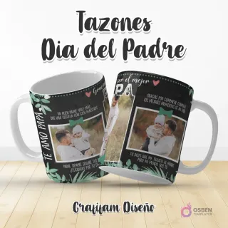 Plantilla de taza Día del Padre con texto 'TE AMO PAPA' y 'Gracias por ser el mejor PAPA', incluyendo dos fotos de padre e hijo con motivos de hojas.