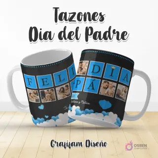 Plantilla de taza Día del Padre con letras grandes y azules 'FELIZ DIA PAPA' rellenadas con fotos familiares y decorada con corazones y nubes celestes.