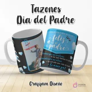 Plantilla de taza Día del Padre con frase 'Feliz día del padre, te amo pa!' en azul y blanco, y foto de padre cargando a su hijo con avión de juguete.