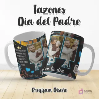 Plantilla de taza Día del Padre con texto 'Le doy gracias a Dios por haberme dado un padre como tú' y letras 'PAPA' con fotos en su interior, con detalles de corona y bigotes.