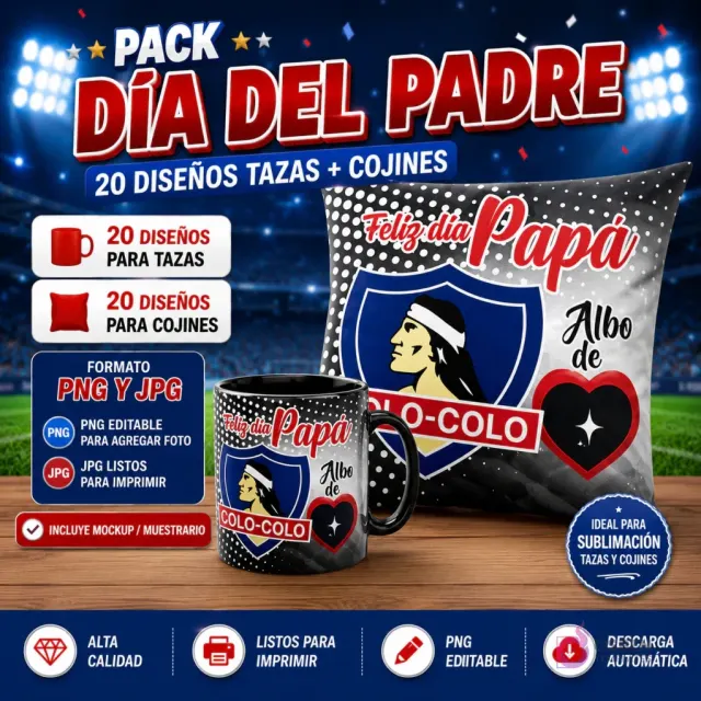 Pack de sublimación Día del Padre con taza y cojín de Colo-Colo, 20 diseños para tazas y 20 para cojines, formato PNG y JPG, incluye mockup.