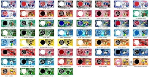 Grid de 20 diseños individuales para sublimación de tazas del Día del Padre, con escudos de clubes de fútbol chilenos y mensajes temáticos.