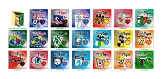 Grid de 20 diseños individuales para sublimación de cojines del Día del Padre, con escudos de clubes de fútbol chilenos y mensajes temáticos, incluye un mockup en miniatura.