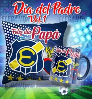 Mockup de una taza y un cojín sublimados con el escudo de Everton de Viña del Mar y el mensaje 'Feliz día Papá', ambientado en un estadio de fútbol.