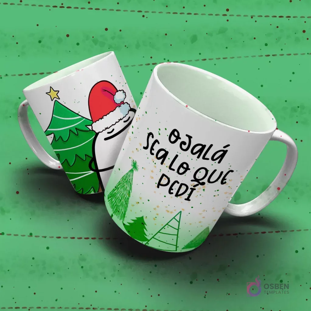 Tazas con diseños Flork navideños: Flork abrazando un árbol de Navidad y la frase 'Ojalá sea lo que pedí' con árboles estilizados.
