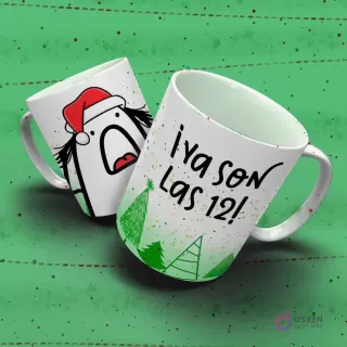 Mugs con Flork gritando 'Ya son Las 12' y Flork con gorro de Santa sorprendido. Diseño temático de Nochebuena.