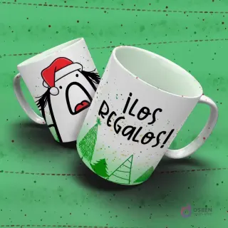 Diseño de taza Flork navideña con Flork gritando y la frase '¡Los Regalos!'. Ideal para amantes de los obsequios.