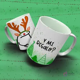 Taza de Flork navideña: Flork disfrazado de reno con astas y nariz roja, junto a la pregunta 'Y mi REGALO?'.