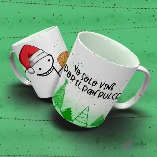 Taza navideña Flork con Flork en gorro de Santa sosteniendo un pan dulce y el divertido texto 'Yo solo vine por el PAN DULCE'.