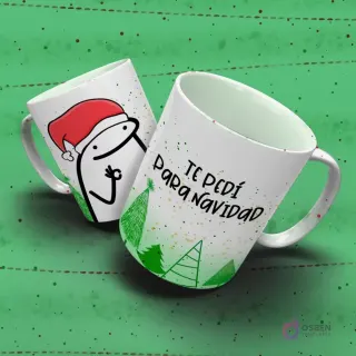 Taza Flork Navidad con Flork en gorro de Santa haciendo un gesto de súplica y el romántico mensaje 'TE PEDÍ PARA NAVIDAD'.