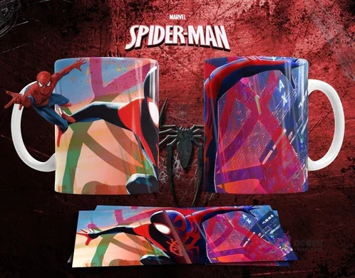 Mockup de taza sublimada con diseño artístico de Miles Morales, colores pop y estilo grafitero urbano.