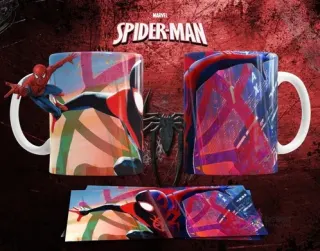 Mockup de taza sublimada con diseño artístico de Miles Morales, colores pop y estilo grafitero urbano.
