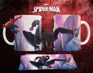 Mockup de taza sublimada con diseño dinámico de Miles Morales saltando en una ciudad futurista, colores neón.