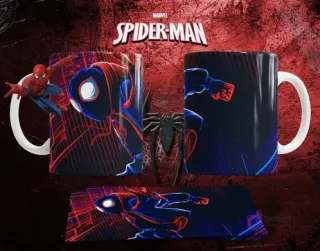 Mockup de taza sublimada con diseño de Miles Morales en pose de combate, estilo cyberpunk con luces de neón.