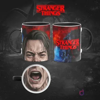 Taza sublimada de Stranger Things con Jonathan Byers, ceño fruncido y mirada determinada, reverso con el logo y escenas del Upside Down oscuro y rojizo.