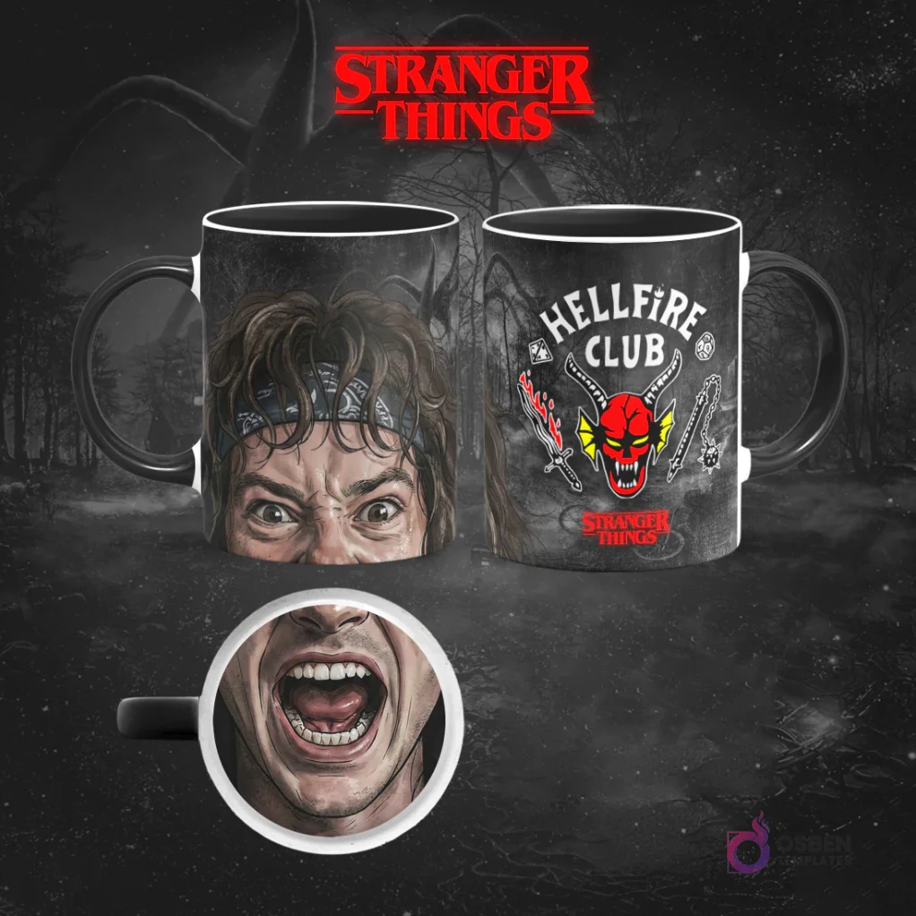 Taza sublimada de Stranger Things con Eddie Munson, con bandana y gesto intenso, reverso con el logo del Hellfire Club, sobre fondo de bosque.