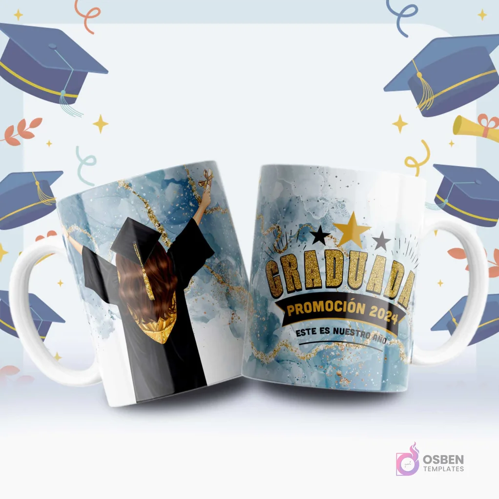 Dos tazas blancas sublimadas con diseños de graduación 'Promoción 2024'. Una taza muestra la silueta de una graduada y la otra el texto 'Graduada' en dorado sobre fondo azul y dorado con brillos.