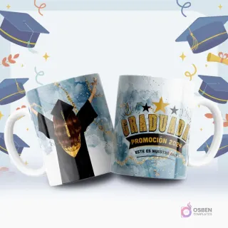 Dos tazas blancas sublimadas con diseños de graduación 'Promoción 2024'. Una taza muestra la silueta de una graduada y la otra el texto 'Graduada' en dorado sobre fondo azul y dorado con brillos.