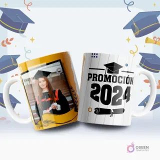 Dos tazas blancas con diseños de graduación. Una taza personalizada con la foto de una graduada sonriente y la otra con la frase 'Promoción 2024' junto a un diploma.