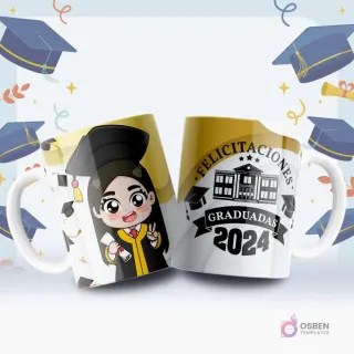 Tazas blancas sublimadas con diseños animados de graduación. Una taza muestra una graduada caricaturizada y la otra 'Felicitaciones Graduadas 2024' con un edificio universitario.