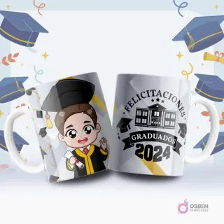 Tazas blancas sublimadas con diseños animados de graduación. Una taza muestra un graduado caricaturizado y la otra 'Felicitaciones Graduados 2024' con un edificio universitario.