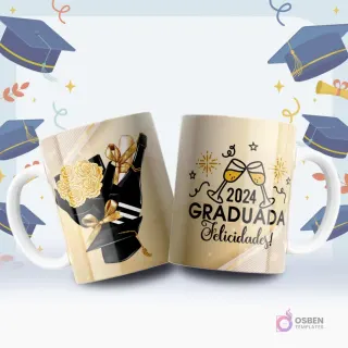 Dos tazas blancas con diseños festivos de graduación. Una taza presenta una botella de champán y un ramo de flores, la otra '2024 Graduada Felicidades!' con copas brindando.