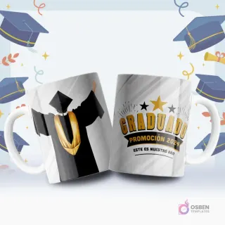 Par de tazas blancas sublimadas con diseños de graduación. Una taza muestra la silueta de un graduado con estola dorada y la otra 'Graduado Promoción 2024' con estrellas.
