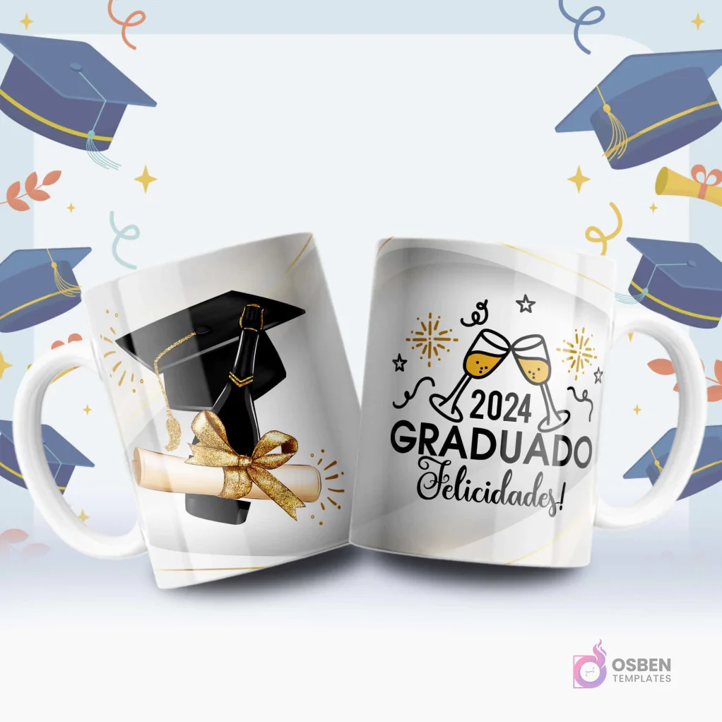Dos tazas blancas con diseños de celebración de graduación. Una taza tiene un birrete, diploma y botella de champán, la otra '2024 Graduado Felicidades!' con copas chocando.