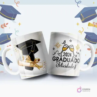 Dos tazas blancas con diseños de celebración de graduación. Una taza tiene un birrete, diploma y botella de champán, la otra '2024 Graduado Felicidades!' con copas chocando.