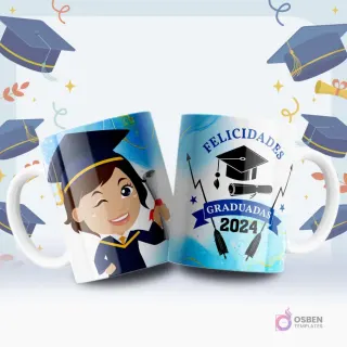 Tazas blancas sublimadas con diseños animados de graduación. Una taza muestra una graduada caricaturizada guiñando el ojo y la otra 'Felicidades Graduadas 2024' con birrete y diploma.