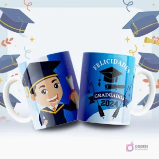 Tazas blancas sublimadas con diseños animados de graduación. Una taza muestra un graduado caricaturizado sonriendo y la otra 'Felicidades Graduados 2024' con birrete y diploma.