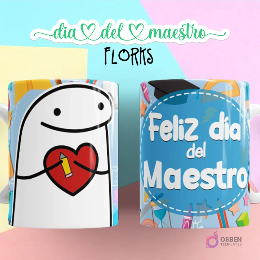 Maestro Flork con corazón y lápiz, y taza con "Feliz día del Maestro" y birrete azul, en fondo pastel.
