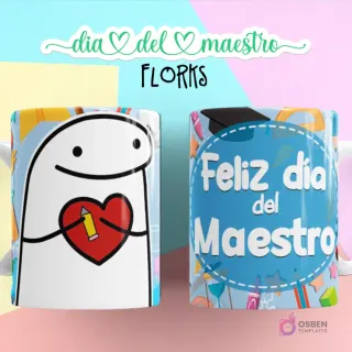 Maestro Flork con corazón y lápiz, y taza con "Feliz día del Maestro" y birrete azul, en fondo pastel.