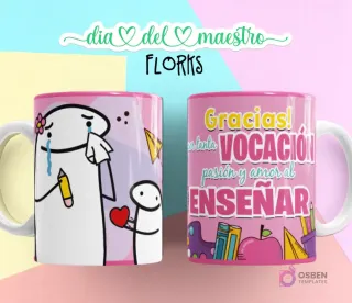 Flork llorando con lápiz, abrazado por Flork pequeño, fondo rosa, y taza con "Gracias por tanta VOCACIÓN, pasión y amor al ENSEÑAR" con iconos de escuela.